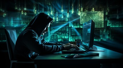 A hacker in a black hood with a laptop and a computer in a dark room. Cybercrime, DDOS attack,...