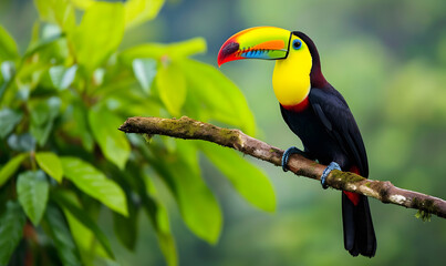 Fototapeta premium Toucan sitting on the branch in the forest, Generative AI