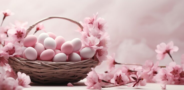 Basket with easter eggs amidst pink flowers, easter baskets image