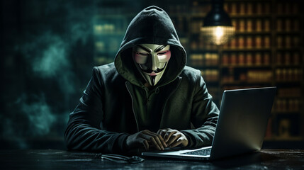 A hacker in a black hood and mask with a laptop in a dark room against the background of a world map. Cybercrime, data breach attacks on corporate servers, money fraud, hacking and malware concepts.