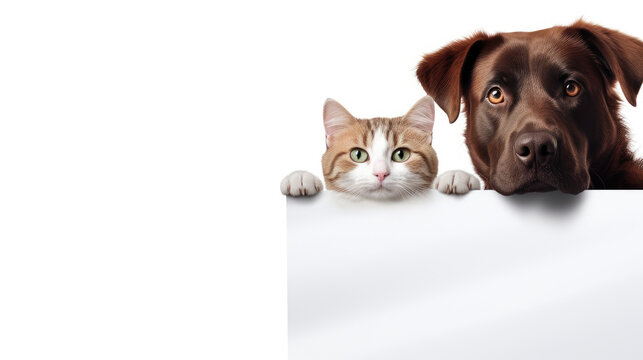 Cat and dog looking at camera holding white blank paper