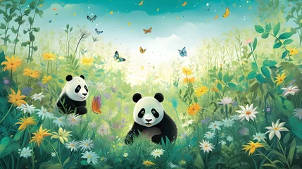 Badkamer foto achterwand Discover the Magic: Playful bear cubs explore a vibrant North American meadow in this lively and adorable scene. Find the perfect image © Epic graphy