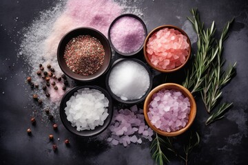 Obraz na płótnie Canvas Assorted salts on concrete Various types sea Himalayan black pink powder rosemary Salt balls from Dead Sea Empty space Overhead view