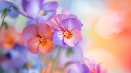 Fototapeta na wymiar pastel colored pansies with bokeh background, spring vibes