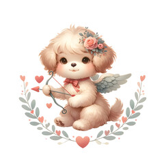 Cute Dog Cupid with wreaths. Valentines Day. Watercolor Illustration Clipart.
