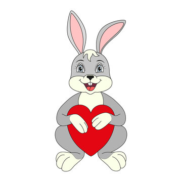 Cute cartoon rabbit holding heart. Valentines Day illustration.
