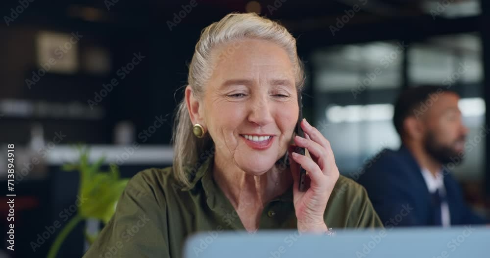 Poster senior, woman and phone call with communication in cafe for networking, conversation and business ch