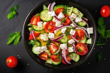 Greek or horiatiki salad with fresh vegetables and feta cheese, topped with olive oil, traditional Greek cuisine salad.
