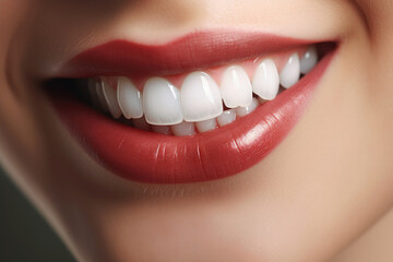 Close up of smiling woman's healthy teeth themed white glowing teeth