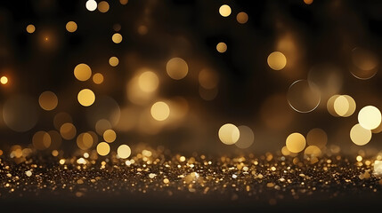Fototapeta na wymiar Abstract festive dark background with gold glitter and bokeh. New year, birthday, holidays celebration.
