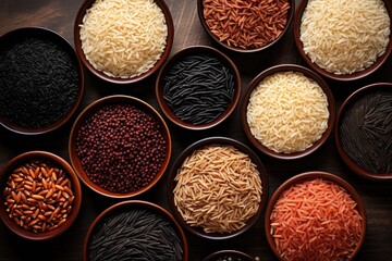 Assorted rice types and colors red black basmati whole grain long grain parboiled and arborio presented in overhead view bowls