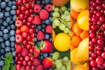 Collection of fruits and vegetables fruit collage background with berries and grapes. Variety of fruit arranged in squares. Assorted berries products collage divided by vertical lines with bright 
