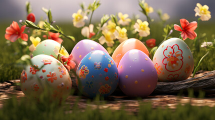 Fototapeta na wymiar easter eggs in grass,Easter eggs, Easter mood, Easter background, Easter eggs on a flower meadow