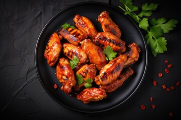 Top view of spicy grilled chicken wings with ketchup on black plate against dark background