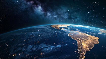 Top view of a night planet Earth with glowing city lights. America - obrazy, fototapety, plakaty