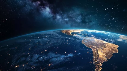 Poster Top view of a night planet Earth with glowing city lights. America © Vladimir