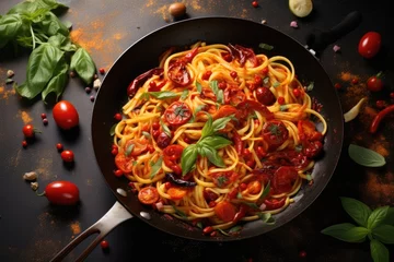 Foto op Canvas Tasty Pasta Puttanesca and spices in frying pan on light background © The Big L