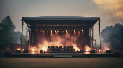 Festival or concert open air stage with smoke and stage lighting. Open air music Festival or concert promotion, advertising or ticket sale picture. Generative AI. - obrazy, fototapety, plakaty