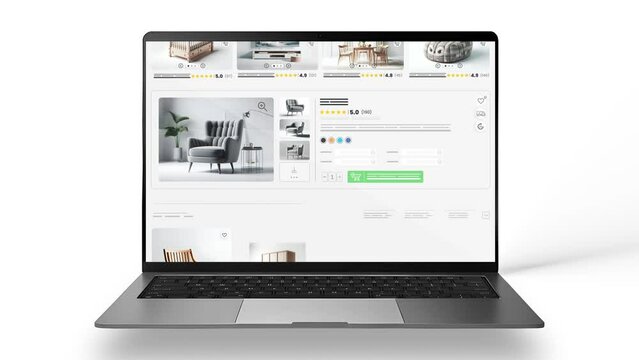 Furniture website animation. E-commerce and shopping products. Household goods sales webpage. Laptop mockup.