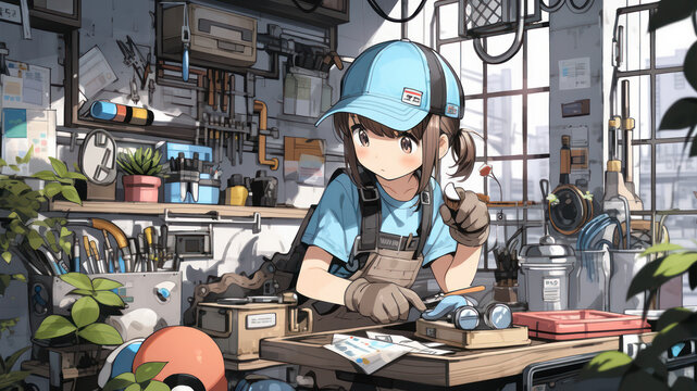 Female character working in her workshop