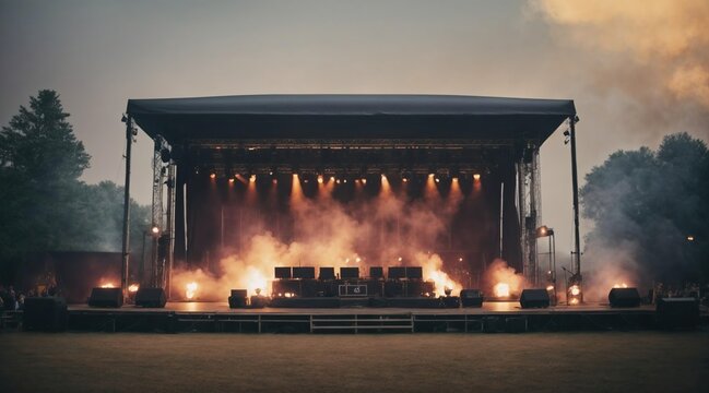 Festival or concert open air stage with smoke and stage lighting. Open air music Festival or concert promotion, advertising or ticket sale picture. Generative AI.