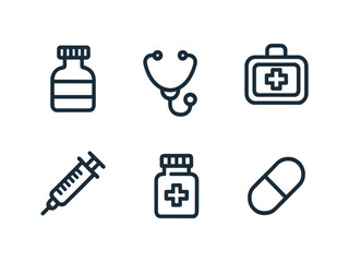 Vector set of medical icons: medicine bottle, stethoscope, syringe, first aid kit, capsule.