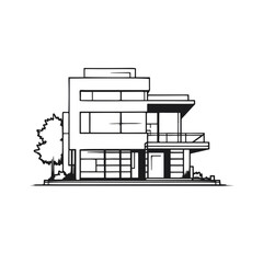 Flat roof house or commercial building in continuous line art drawing style. Modern architecture black linear sketch isolated on white background. Vector illustration	