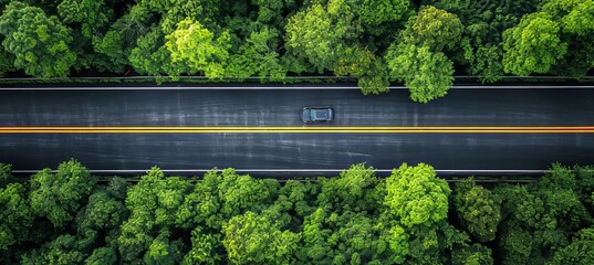 Aerial view of car driving on rural road through rainforest with vibrant green tree canopy