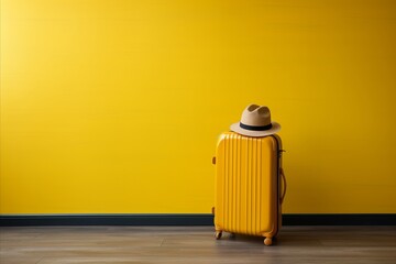 Traveler with yellow suitcase on holiday journey background, copy space for text