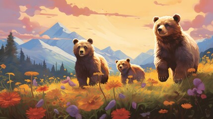 Playful Bear Cubs: Dive into a vibrant North American meadow as bear cubs of various colors embark on an adorable and lively adventure. Discover the magic on Adobe Stock