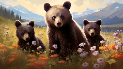 Playful Bear Cubs: Dive into a vibrant North American meadow as bear cubs of various colors embark on an adorable and lively adventure. Discover the magic on Adobe Stock