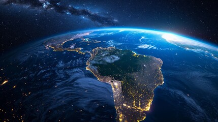 Fototapeta na wymiar Top view of a night planet Earth with glowing city lights. America