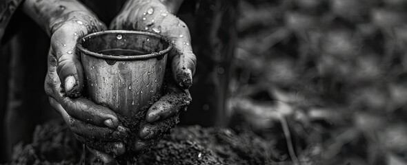 Metal cup with water in hands. Drought and water pollution crisis. Banner, panorama - obrazy, fototapety, plakaty