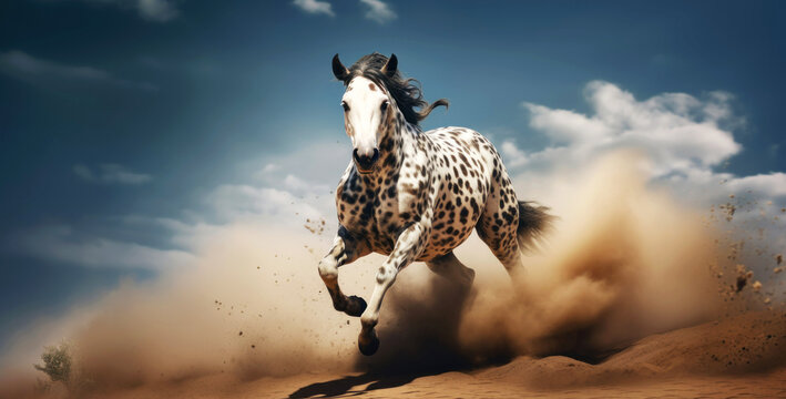 Appaloosa horse run gallop in dust. Banner