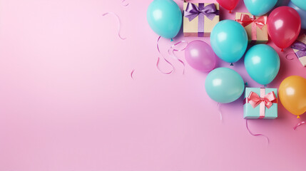 Vibrant Birthday Party Atmosphere with Colorful Balloons, Gifts, and Festive Decor. Flat Lay Composition with Isolated Background, Perfect for Celebratory Occasions and Promotional Content.