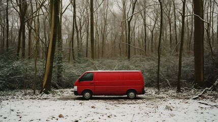 Modern white delivery van driving on a snowy winter day through a scenic forest landscape