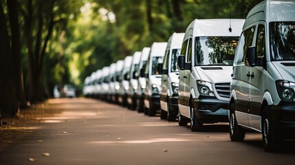 Row of white commercial delivery vans for transporting service company with copy space