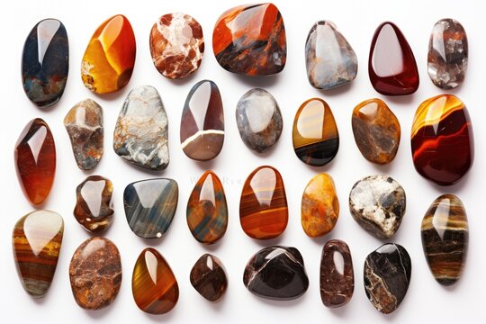 Assorted brown gemstones with different names isolated on a white background