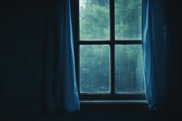 A window with blue curtains - Powered by Adobe