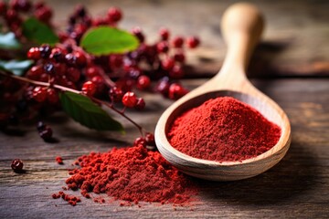 Obraz na płótnie Canvas Sumac powder and berries on wooden spoon representing healthy food