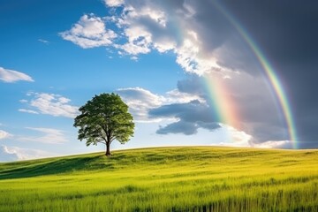 Stunning rainbow over picturesque landscape with lone tree.