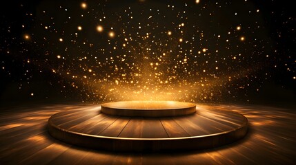 Empty stage with sparkling lights and golden bokeh, suitable for product display and presentations. - obrazy, fototapety, plakaty