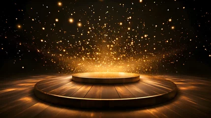 Foto op Canvas Empty stage with sparkling lights and golden bokeh, suitable for product display and presentations. © AdibaZR