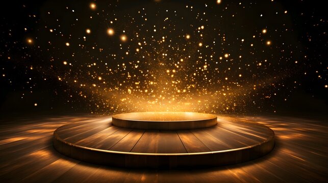 Empty stage with sparkling lights and golden bokeh, suitable for product display and presentations.