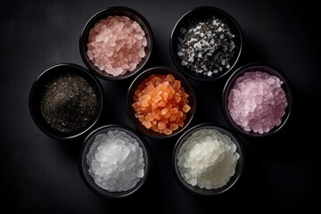 Assorted gourmet salts in bowls including Hawaiian lava Indus Fleur de sel rock and sea salt seen from above