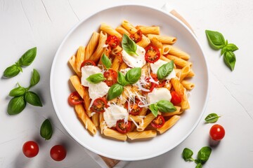 Traditional Italian pasta with vegetables and creamy cottage cheese in a bowl viewed from above on a light kitchen table - obrazy, fototapety, plakaty