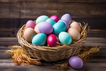 Fototapeta na wymiar Colorful fresh eggs in a basket on a wooden background
