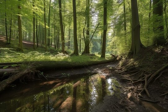 Protected area in Spessart Nature Park in Aschaffenburg district, Lower Franconia, Bavaria, Germany. Generative AI