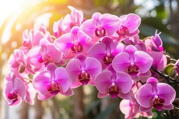 Gorgeous pink orchid with green leaves in garden backdrop.
