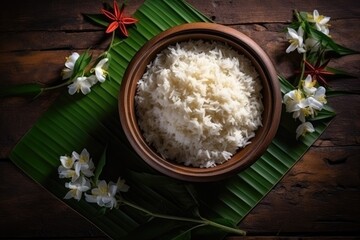 Obraz na płótnie Canvas Bird s eye view of cooked jasmine rice in a bowl on a dark wooden table with rice plants ear of rice with jasmine rice in a bowl adorned with red flowers scat